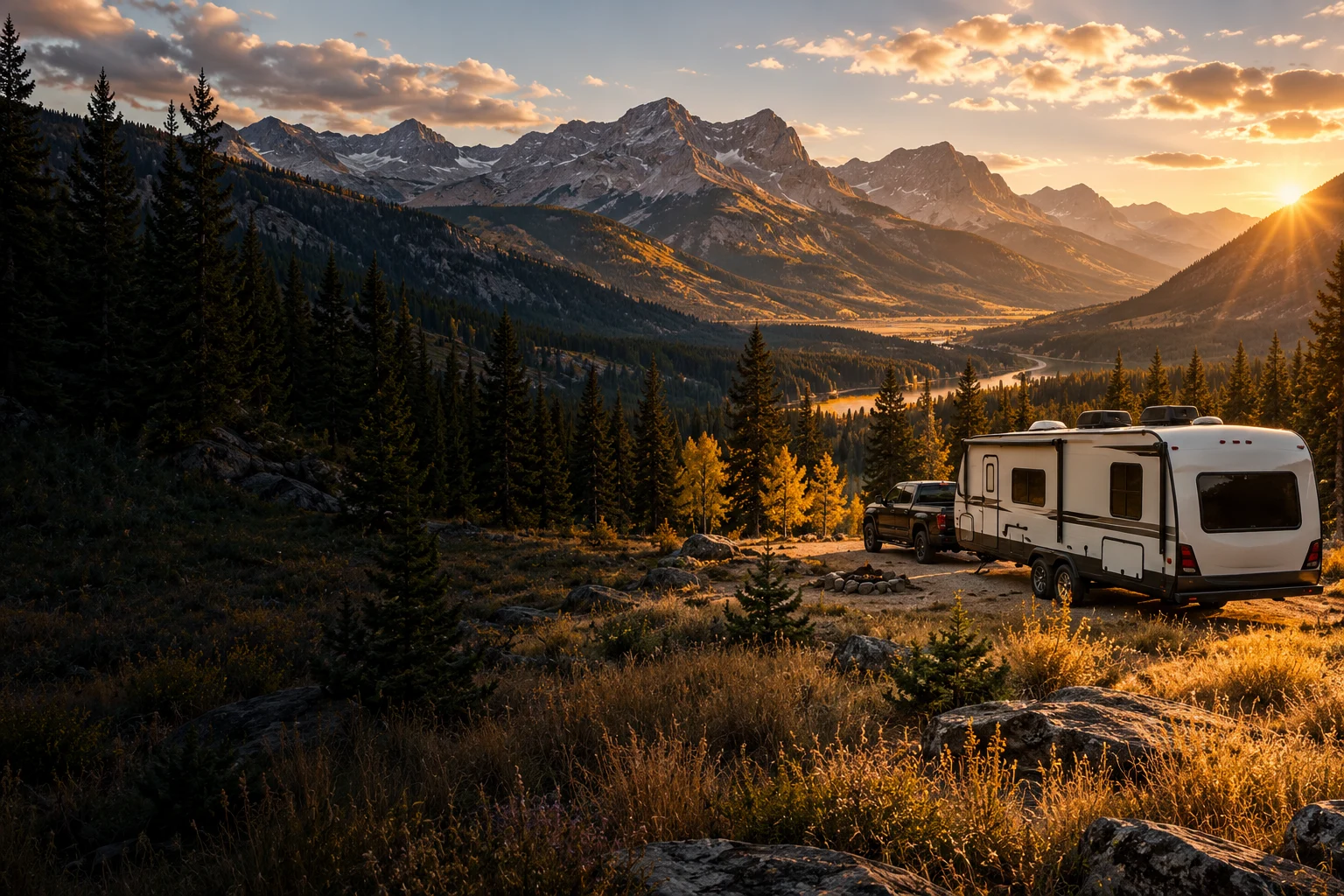 A camper beneath Colorado mountain peaks in warm evening light